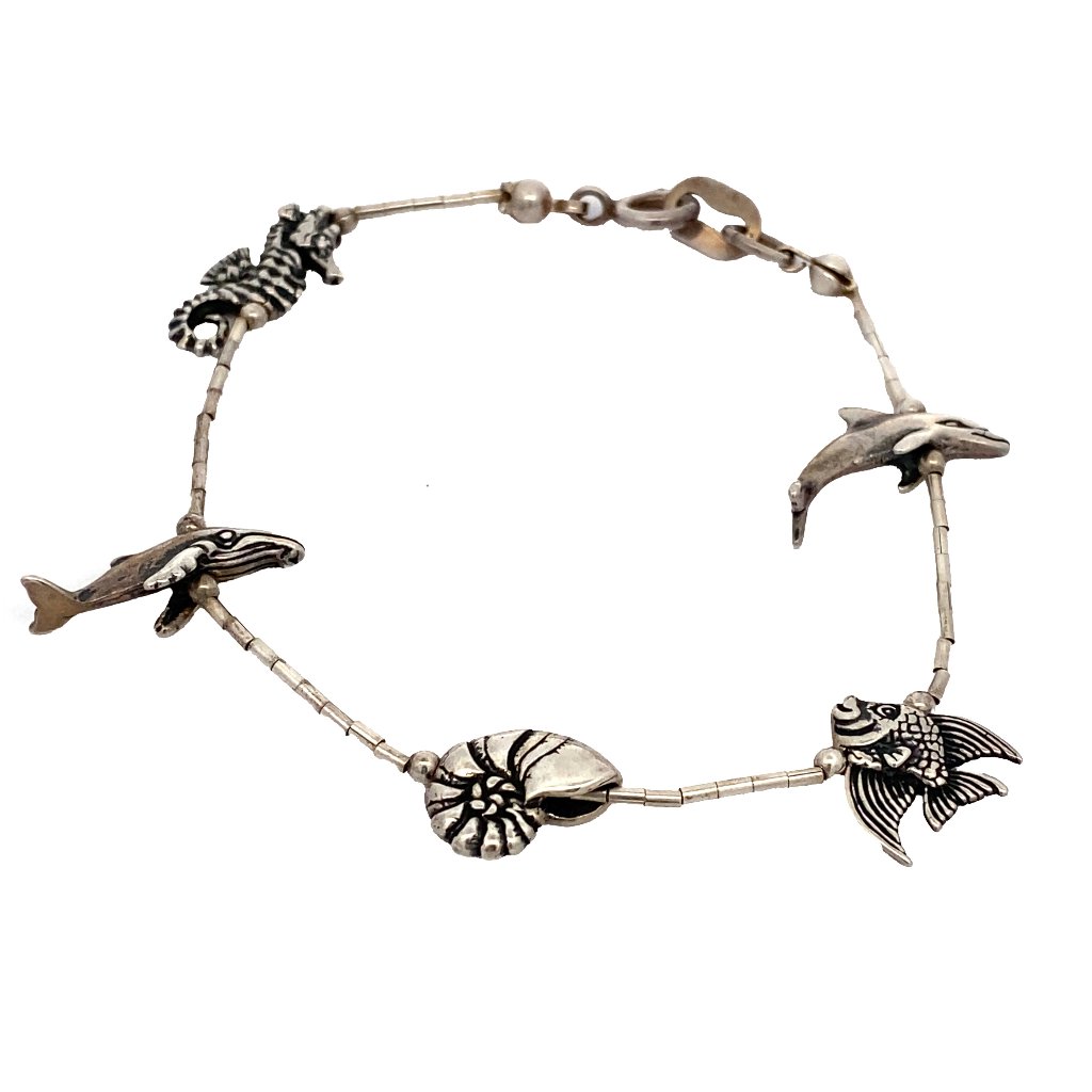 Sterling Silver Kabana Sea Life Charms On Liquid Silver Bracelet